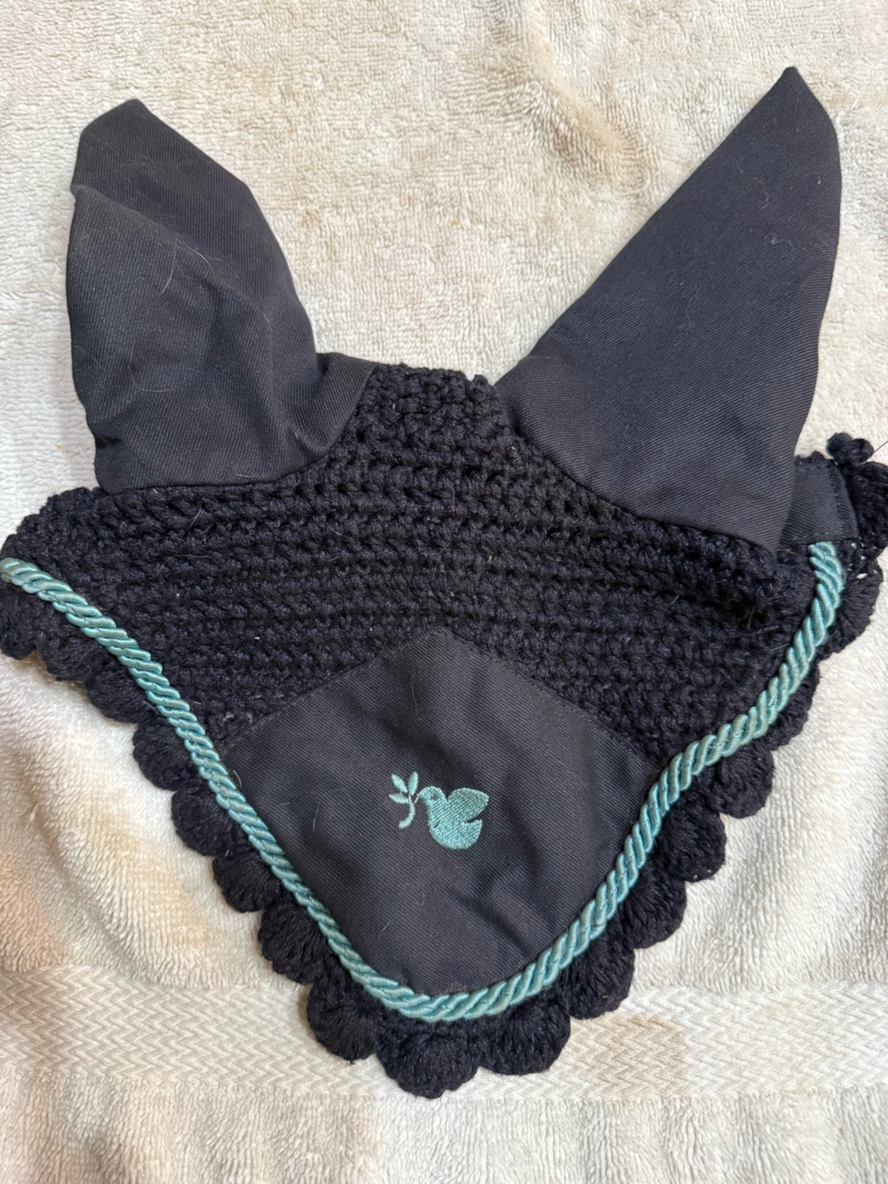 SAXON equestrian product Black Crochet Horse Ear Bonnet with Aqua Trim FULL Size